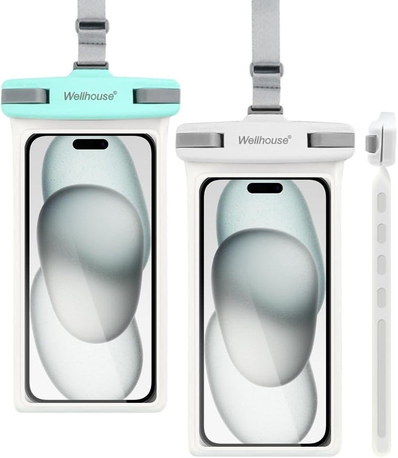 Wellhouse Waterproof Phone Pouch, Waterproof Phone Case for iPhone 16 15 14 13 12 Pro Max XS Samsung, IPX8 3D Cellphone Dry Bag Beach Essentials (2 Pack - Green & White7.0, 7 inch) - Image 1